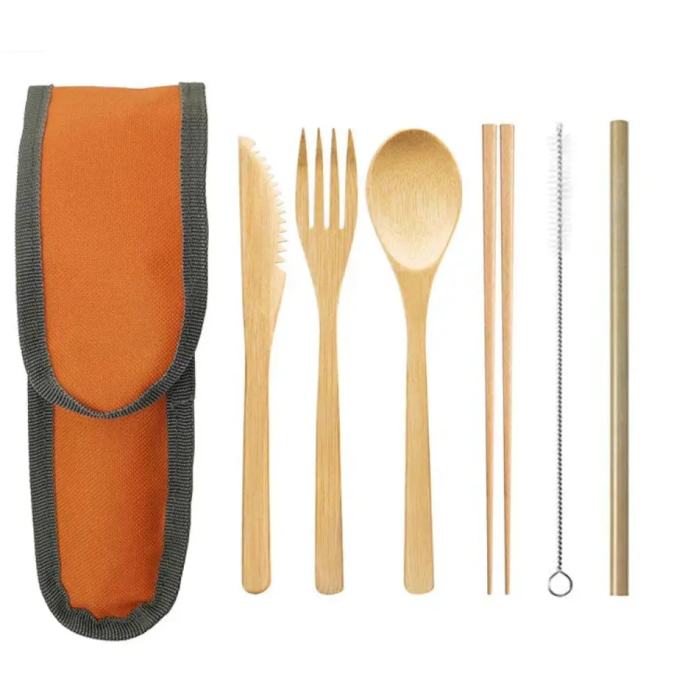 Orange and gray fabric carrying case for sustainable bamboo and stainless steel travel cutlery set shown from the back side