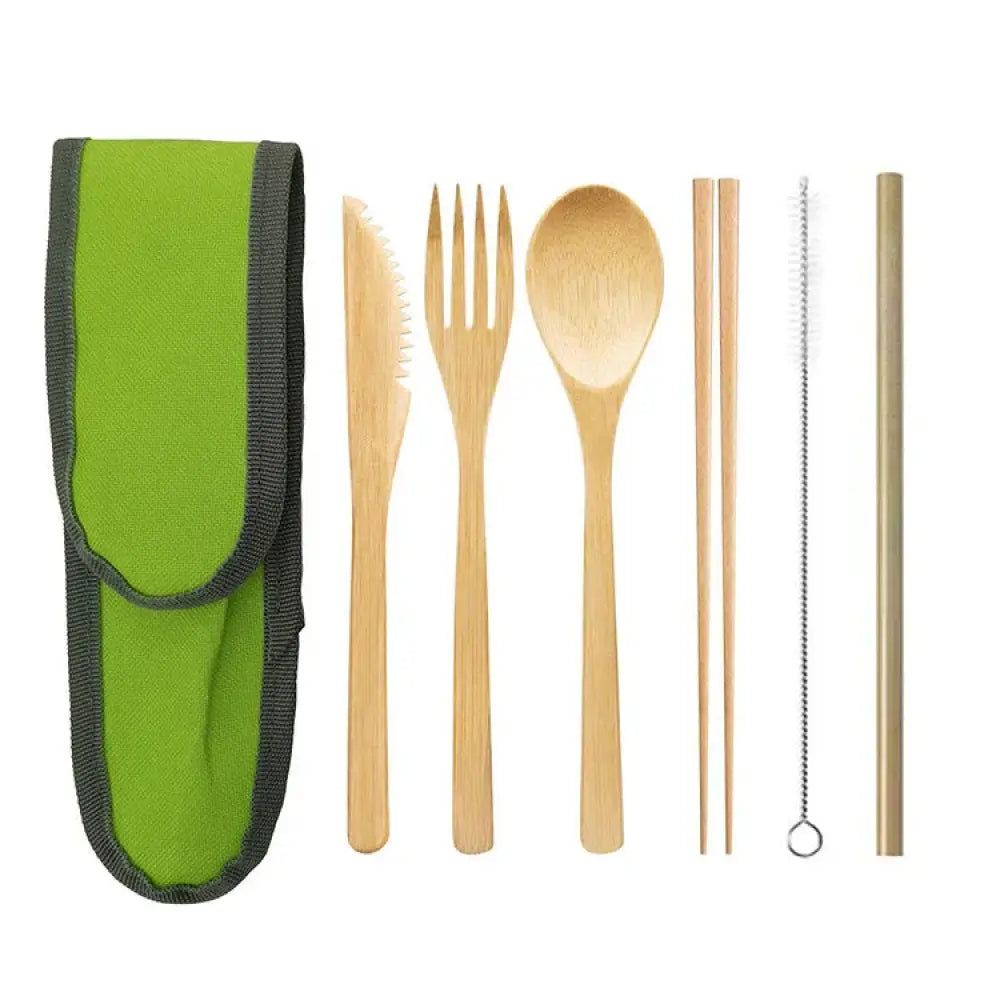 Light brown bamboo and stainless steel travel cutlery set with green and black carrying case for sustainable use
