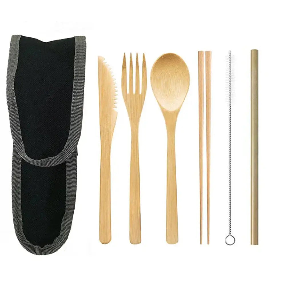 Sustainable bamboo and stainless steel travel cutlery set with light brown bamboo utensils straw brush and black carrying case