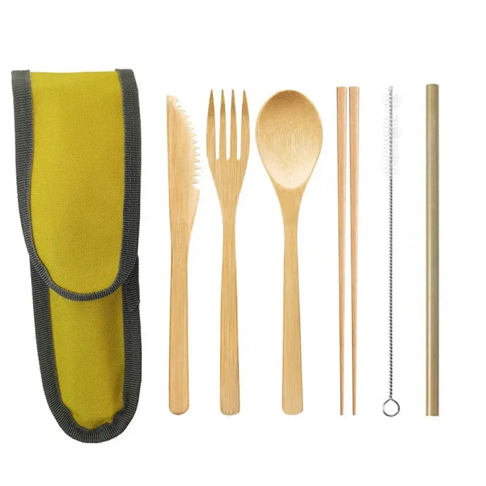 Light brown sustainable bamboo and stainless steel travel cutlery set with yellow and black carrying case