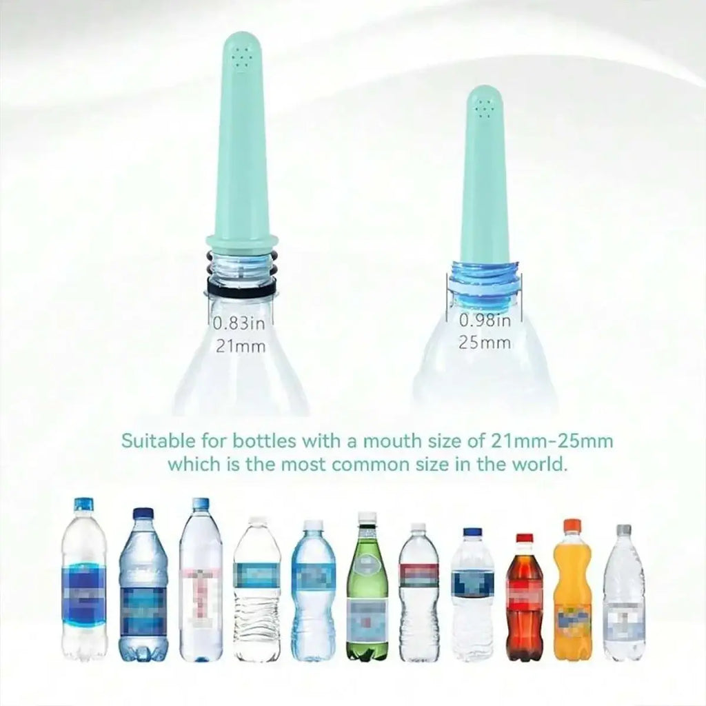 Light green plastic portable travel bidet bottle nozzle caps with perforated top and black gasket for 21mm to 25mm bottles