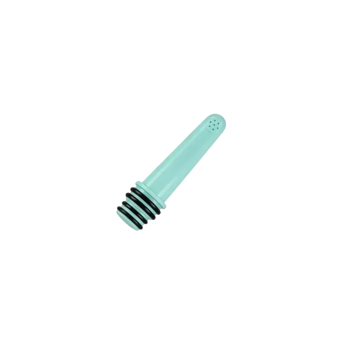 A mint green plastic portable travel bidet bottle nozzle with black rubber gasket and perforated top in a 3 pack