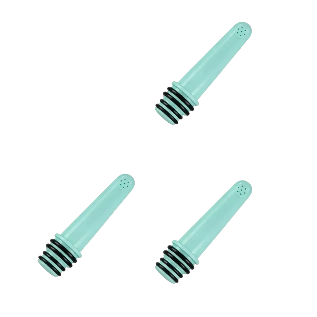 Set of three mint green plastic portable travel bidet bottle nozzles with black rubber gaskets and perforated tops
