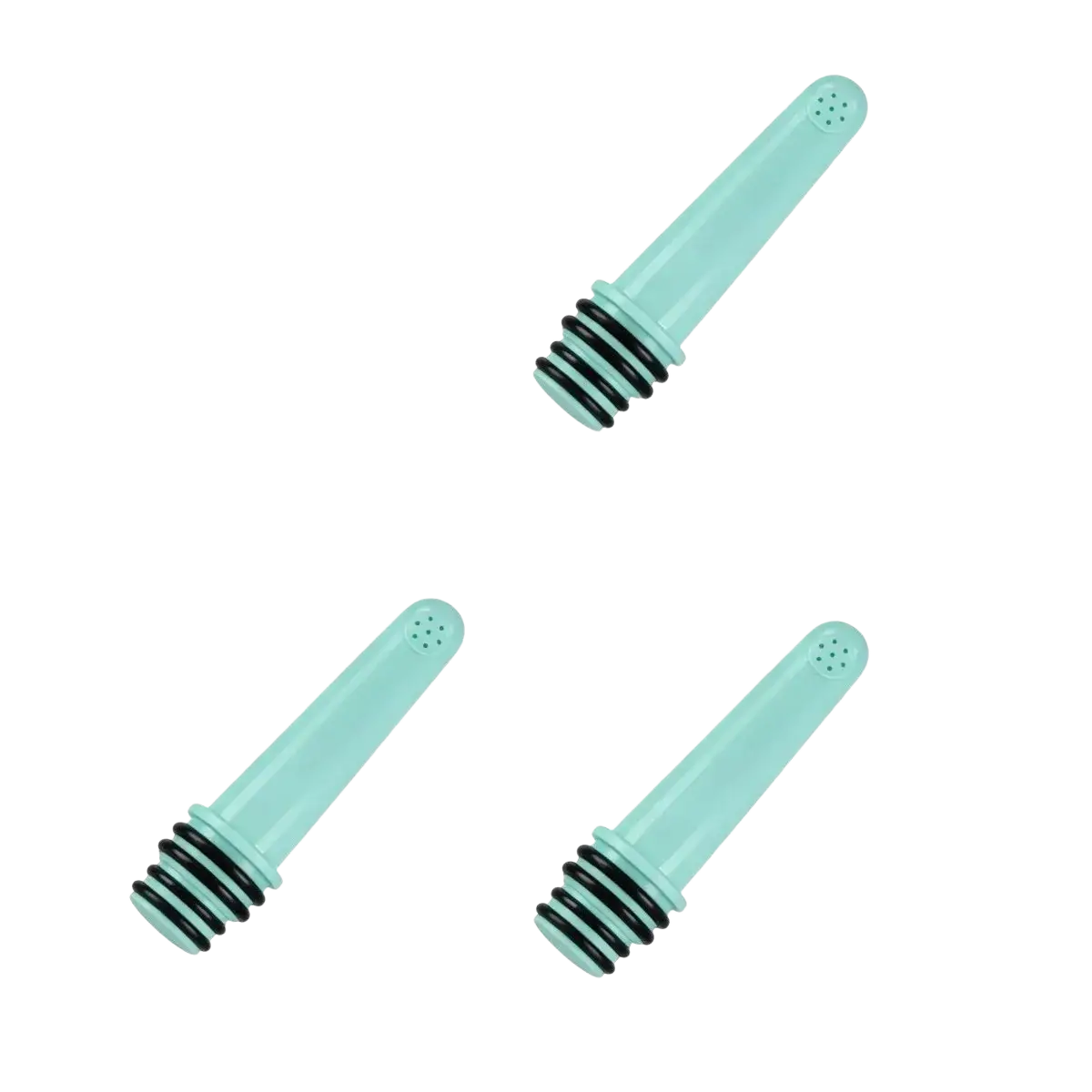 Set of three mint green plastic portable travel bidet bottle nozzles with black rubber gaskets and perforated tops
