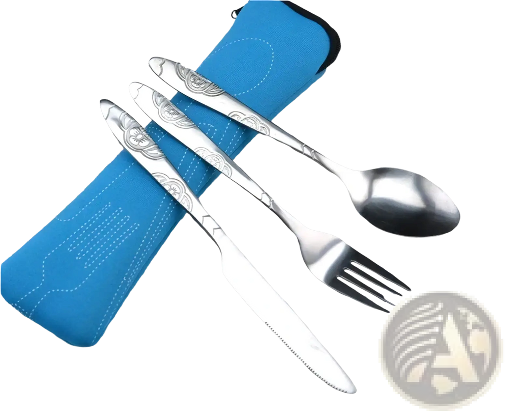 Stainless steel portable travel cutlery set with ornate floral etchings includes knife fork and spoon with case