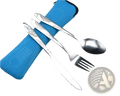 Stainless steel portable travel cutlery set with ornate floral etchings includes knife fork and spoon with case