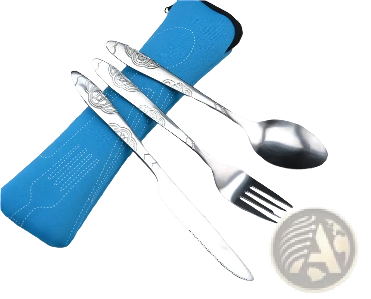 Stainless steel portable travel cutlery set with ornate floral etchings includes knife fork and spoon with case