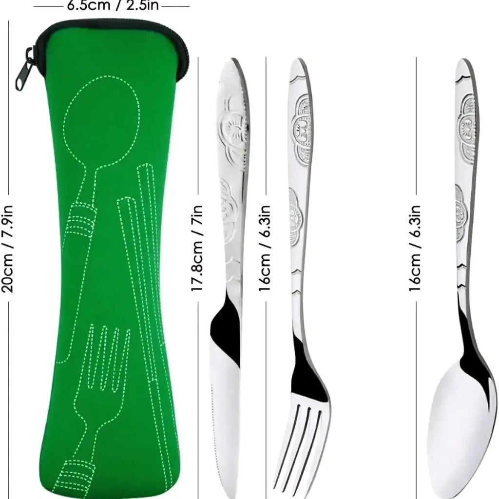 Green neoprene portable travel cutlery set case with white stitched utensil cutout design
