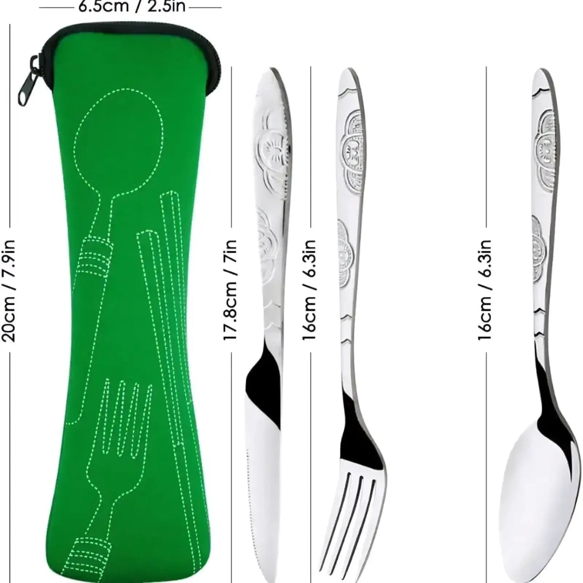 Green neoprene portable travel cutlery set case with white stitched utensil cutout design