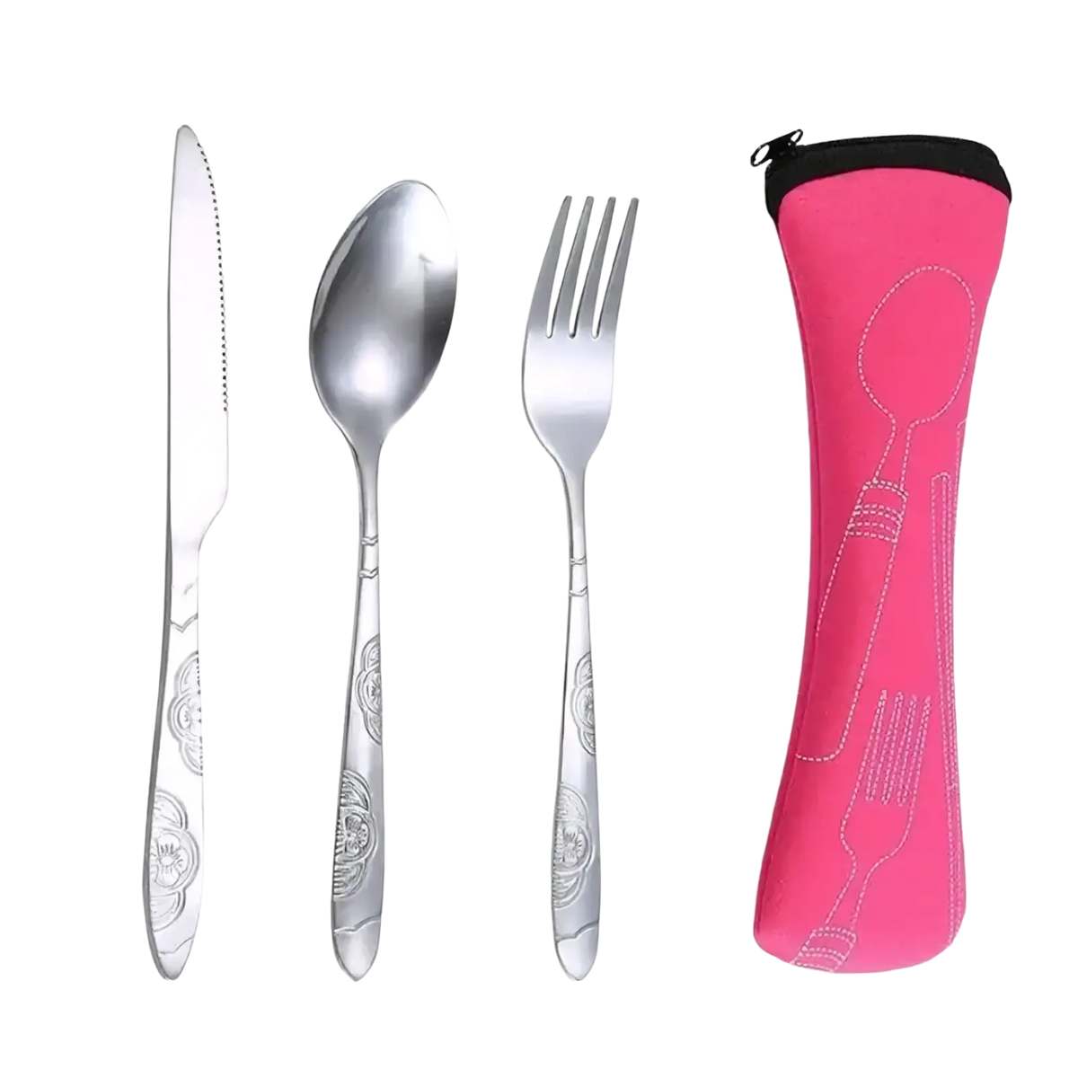 Pink neoprene portable travel cutlery set carrying case with white embroidered utensil outlines visible on front side