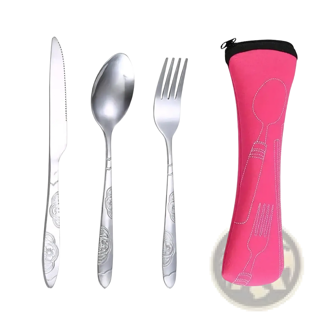 Pink neoprene portable travel cutlery set carrying case with white embroidered utensil outlines visible on front side