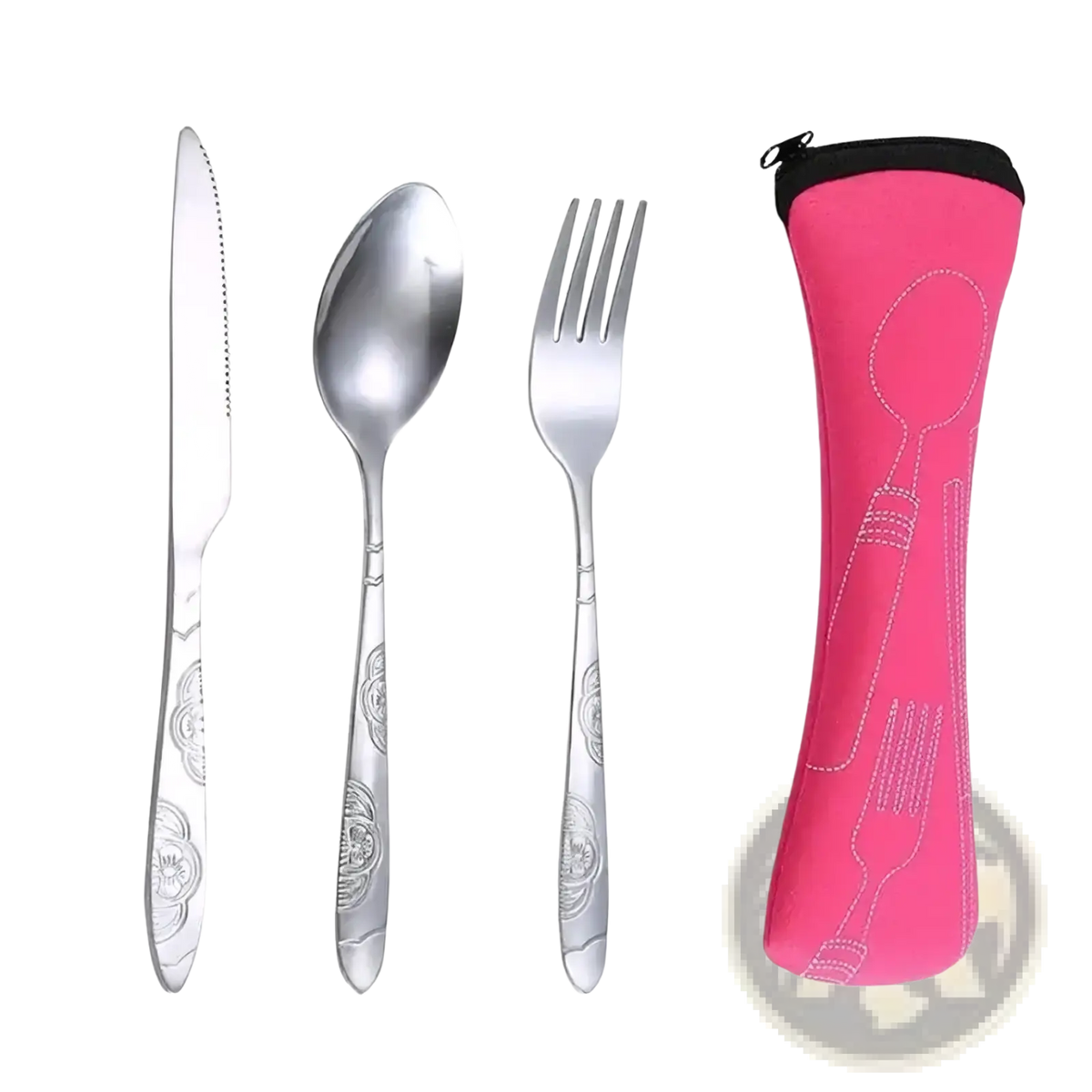 Pink neoprene portable travel cutlery set carrying case with white embroidered utensil outlines visible on front side