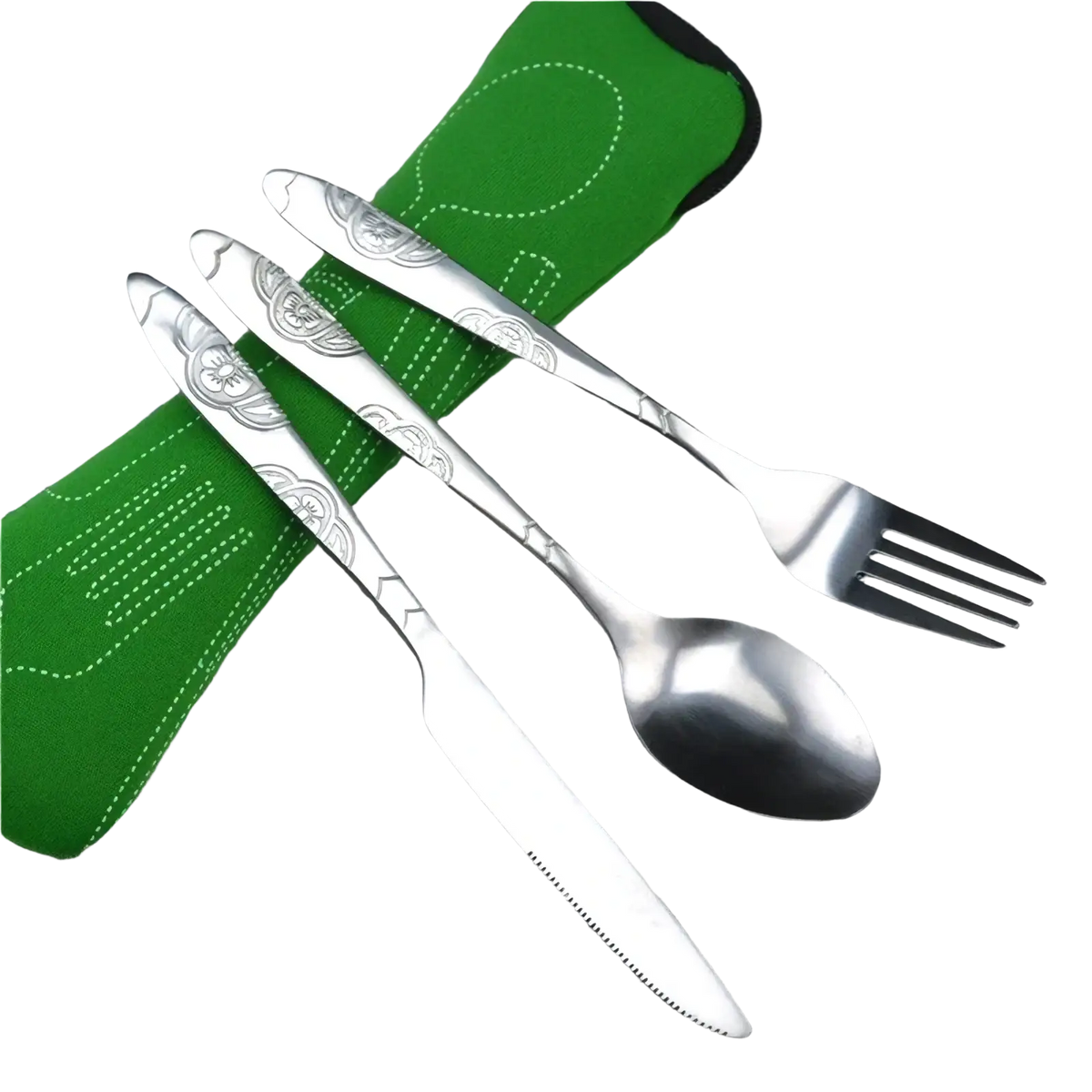Silver stainless steel portable travel cutlery set with ornate floral etchings on knife fork and spoon handles
