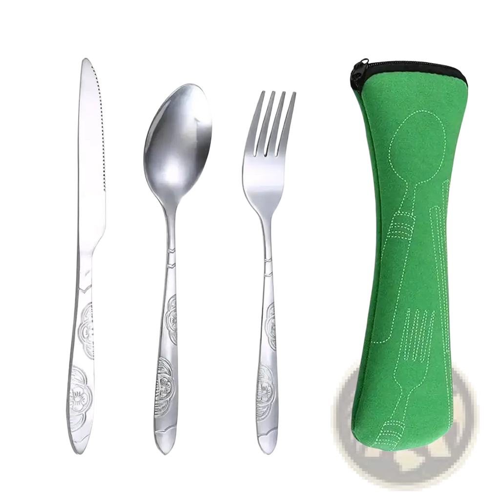 Portable travel cutlery set with silver stainless steel floral etched handles and green neoprene carrying case