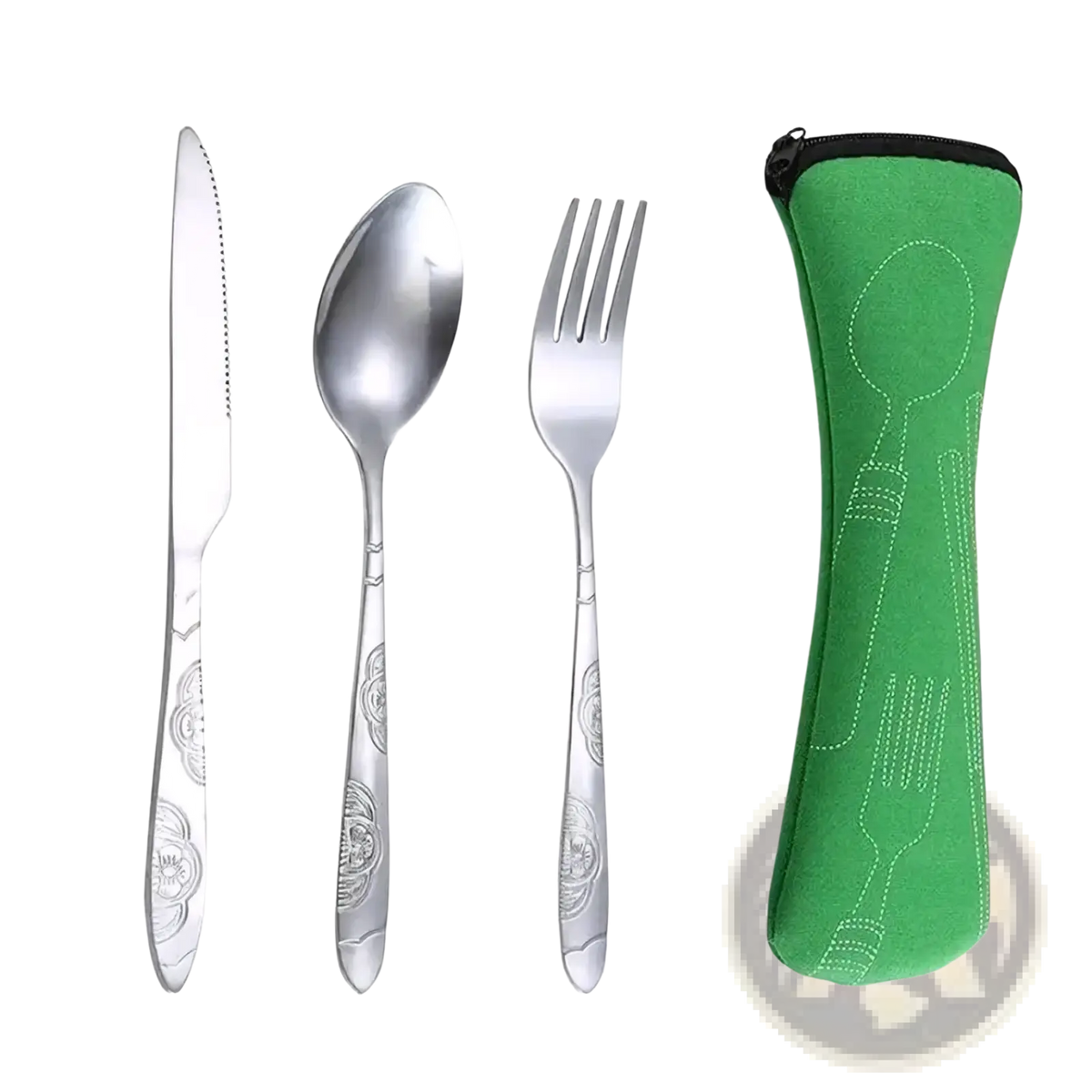 Portable travel cutlery set with silver stainless steel floral etched handles and green neoprene carrying case
