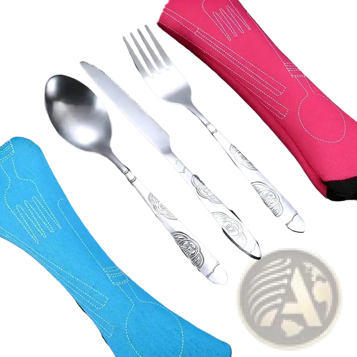 Silver stainless steel portable travel cutlery set with ornate engraved handles displayed with colorful fabric cases