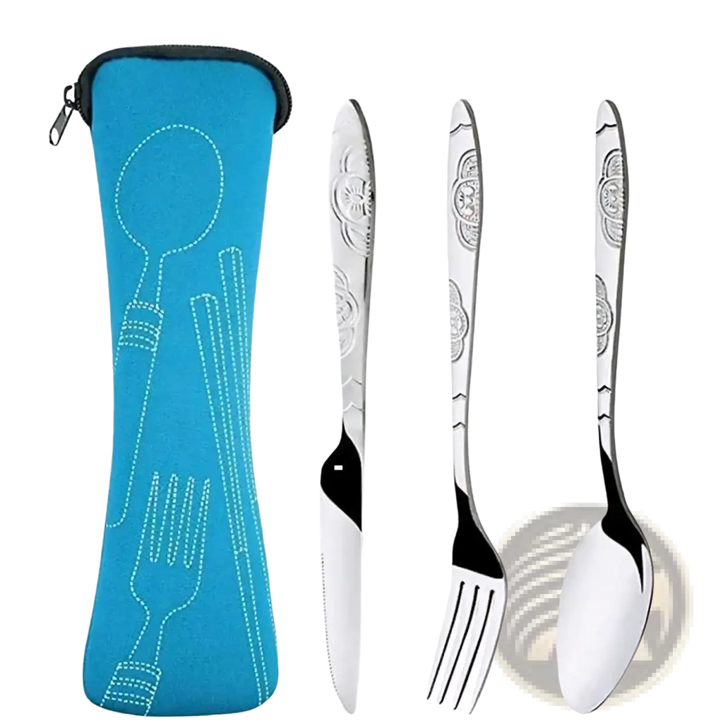 Portable travel cutlery set with ornate silver utensils and bright blue neoprene carrying case for easy transport