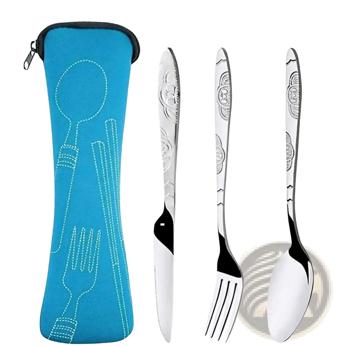 Portable travel cutlery set with ornate silver utensils and bright blue neoprene carrying case for easy transport