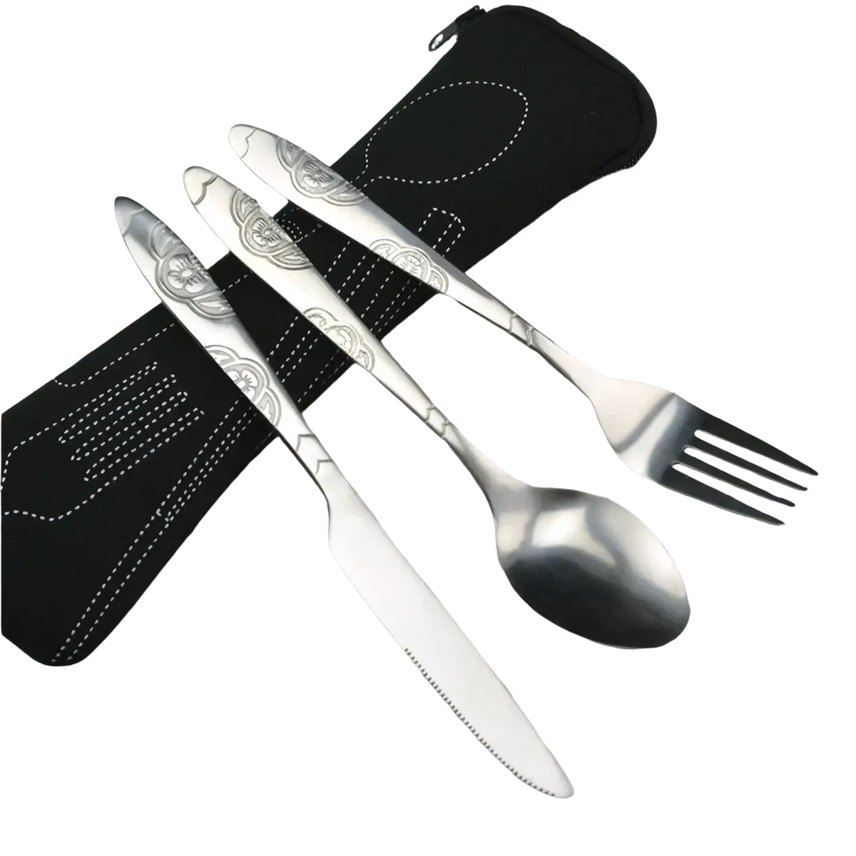 Stainless steel portable travel cutlery set with ornate handles and black fabric carrying case comprising knife fork and spoon