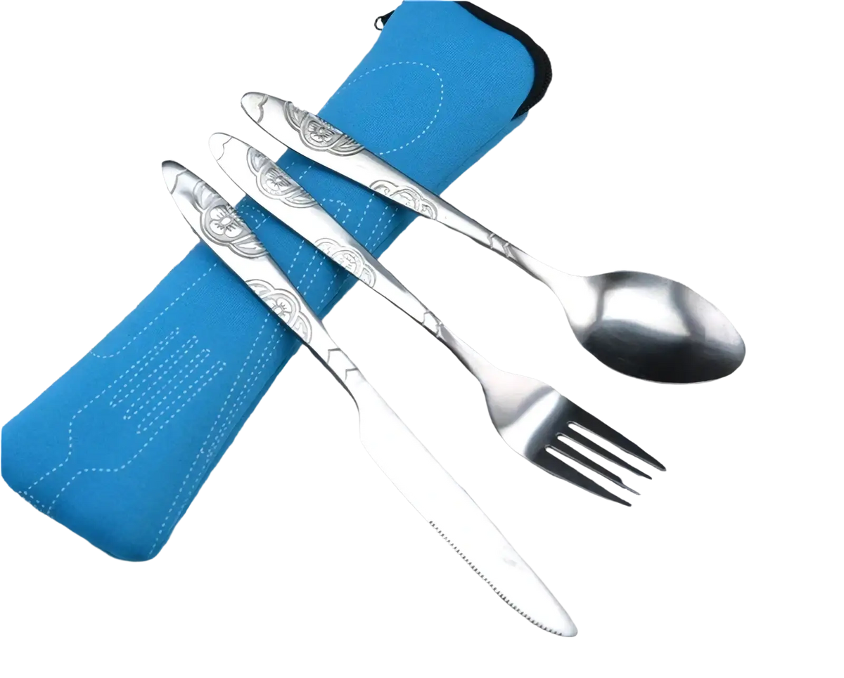 Stainless steel portable travel cutlery set with ornate floral etchings includes knife fork and spoon with case