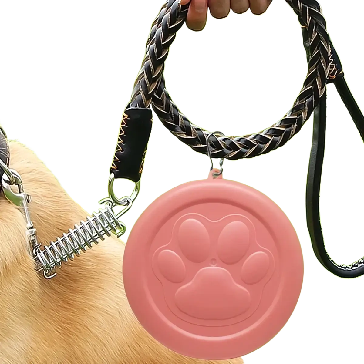Portable travel dog bowl with pink silicone paw print leash clip and braided black and gray handle for easy carrying