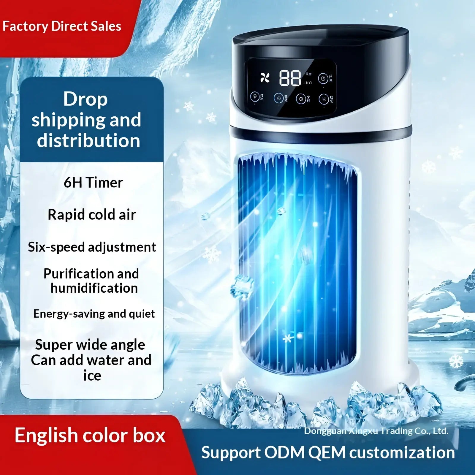 Portable usb air cooler fan in white and black with digital display showing 88 degrees and blue ice effect lighting