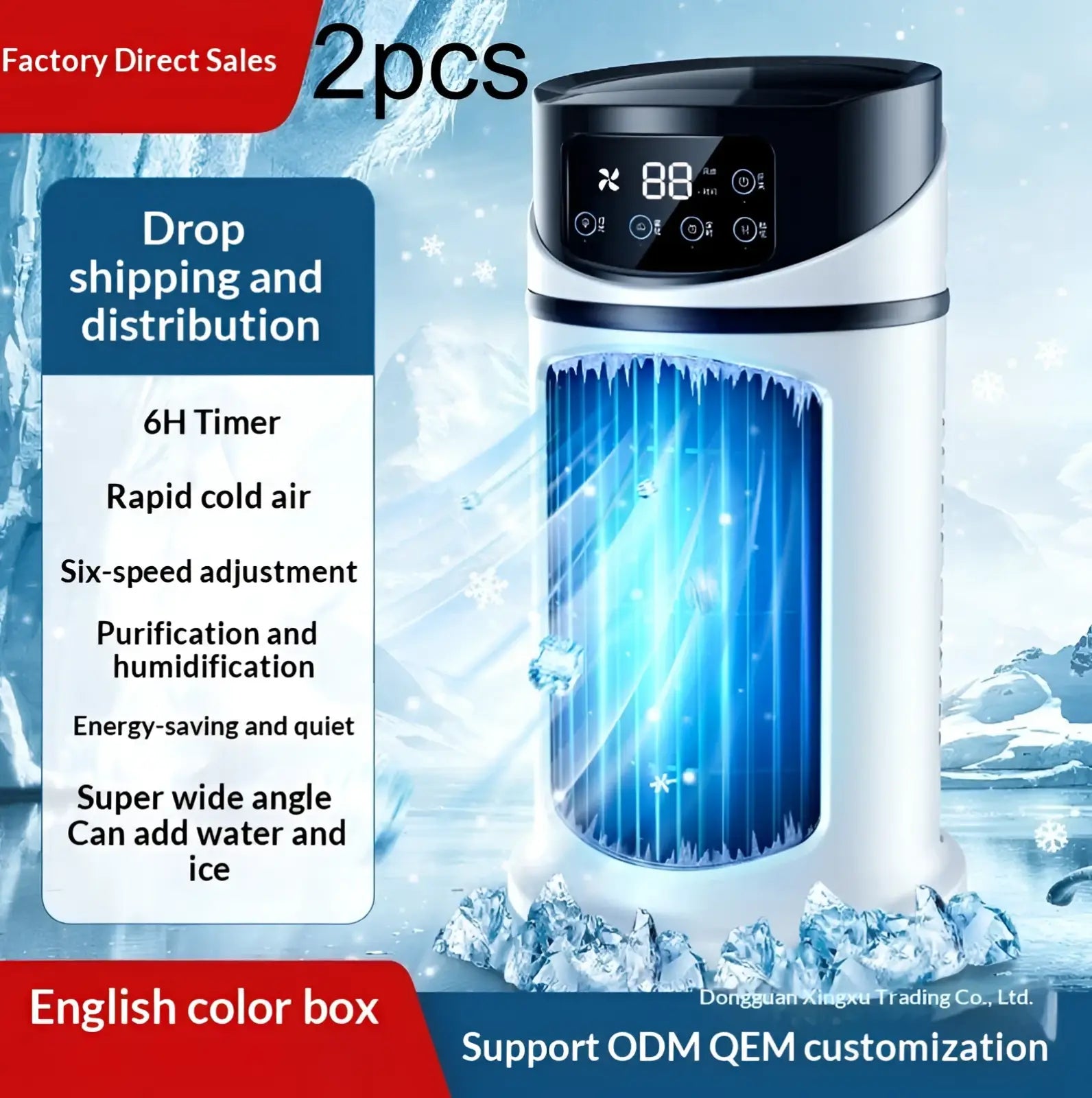 Portable usb air cooler fan in white and black with digital display showing 88 and blue internal lighting with six-speed control