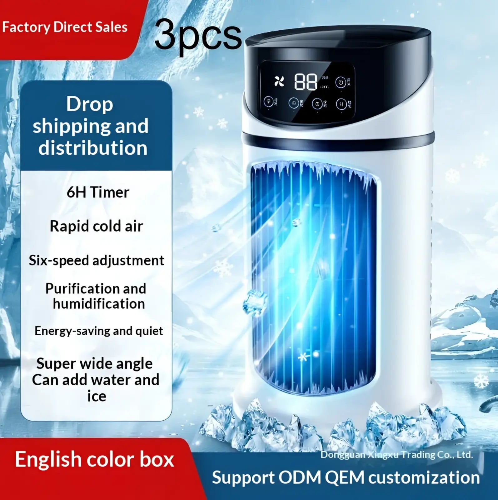 Portable usb air cooler fan in white and black with digital display and blue internal lighting for rapid cold air purification