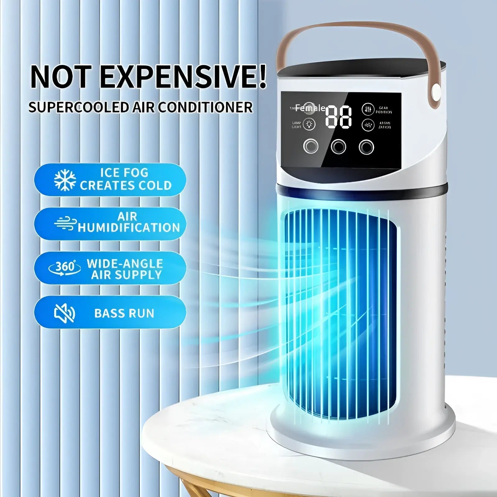 Portable USB air cooler fan in white and black with digital display handle and blue illuminated cooling blades