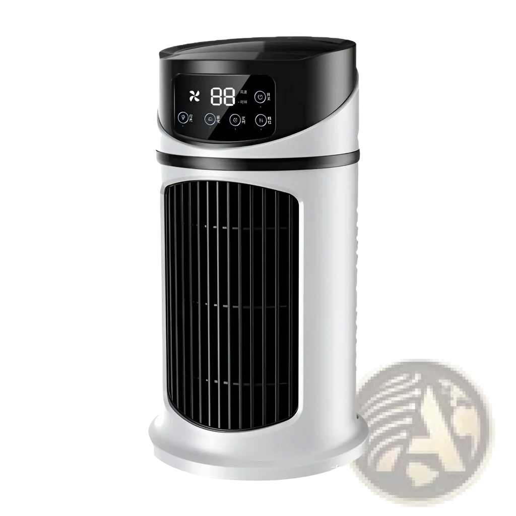 Modern white and black tower-style portable usb air cooler fan with digital display panel for efficient air purification