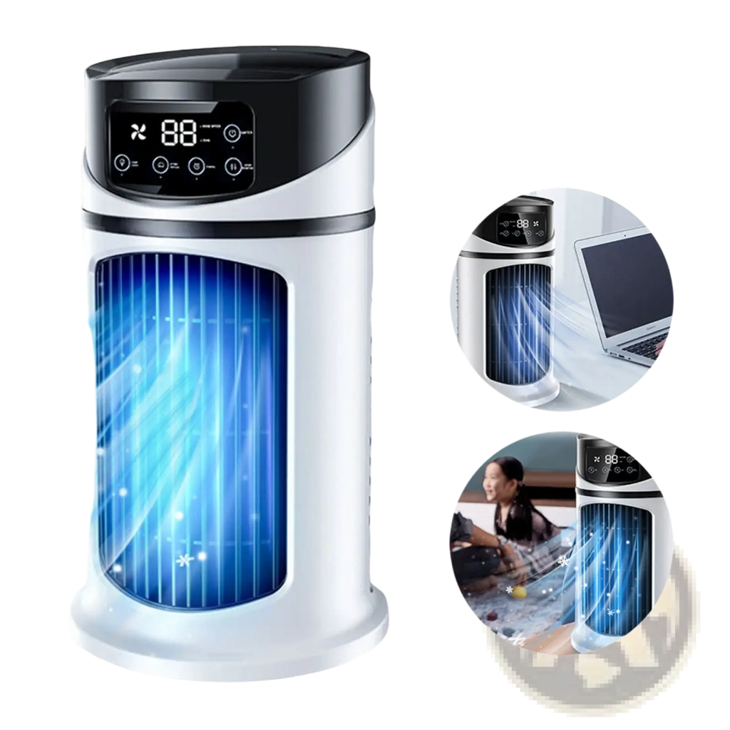 Portable usb air cooler fan 3-in-1 quiet cooling desk fan in white and black with digital temperature display