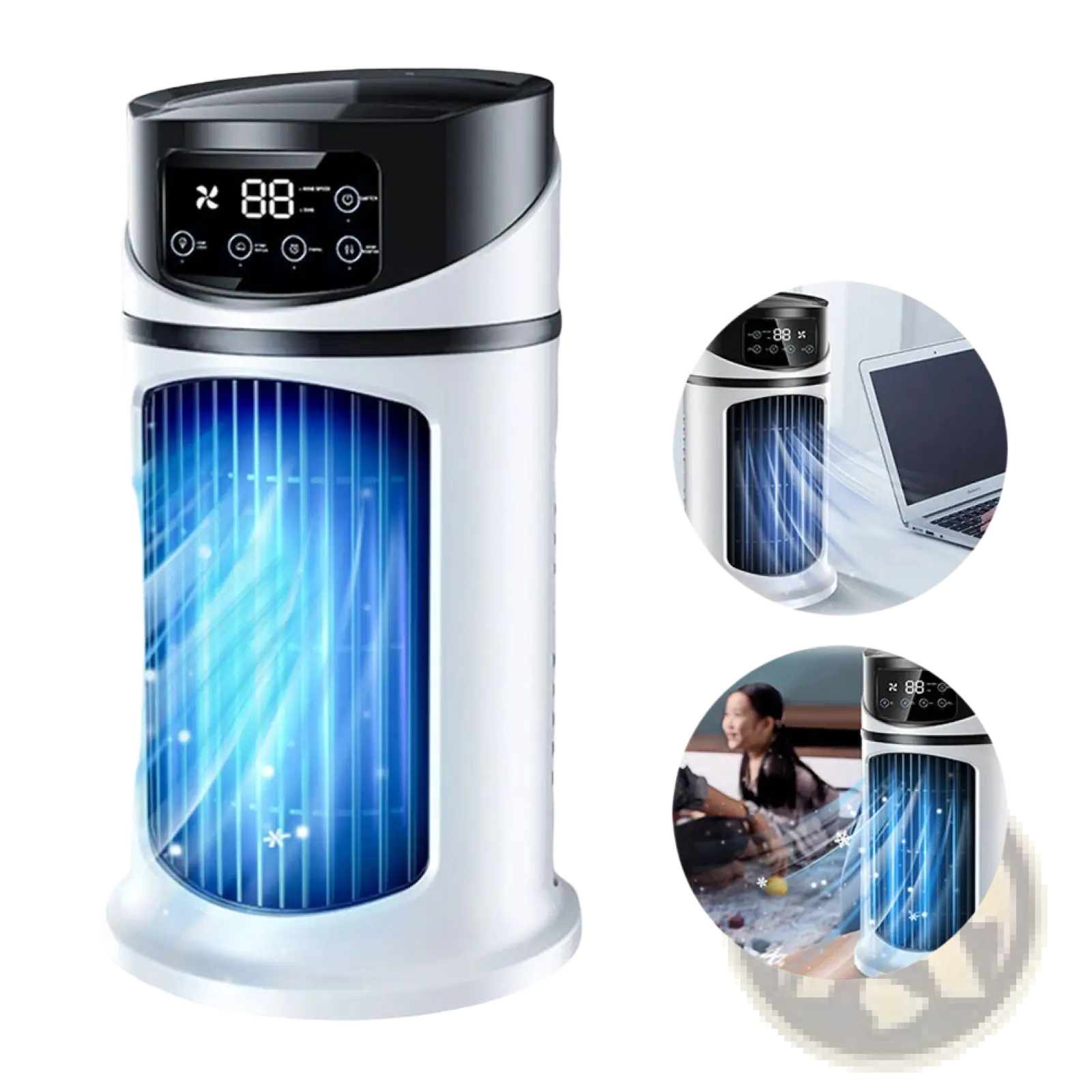 Portable usb air cooler fan 3-in-1 quiet cooling desk fan in white and black with digital temperature display