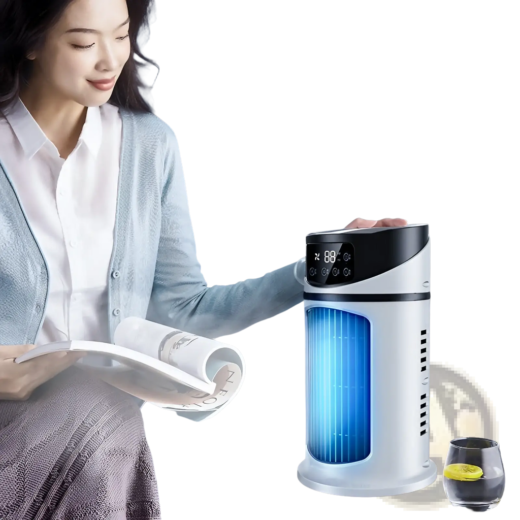 Portable usb air cooler fan white and black cylindrical humidifier with blue illuminated interior and digital controls