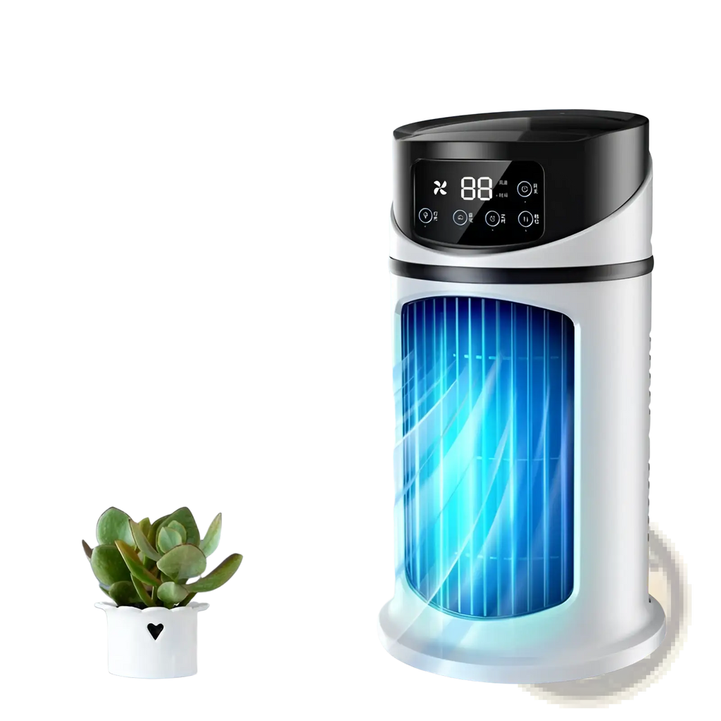 White and black portable USB air cooler fan with temperature display and blue illuminated blades inside