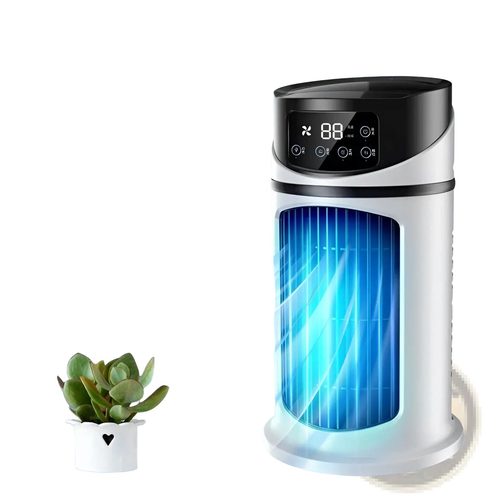 White and black portable USB air cooler fan with temperature display and blue illuminated blades inside