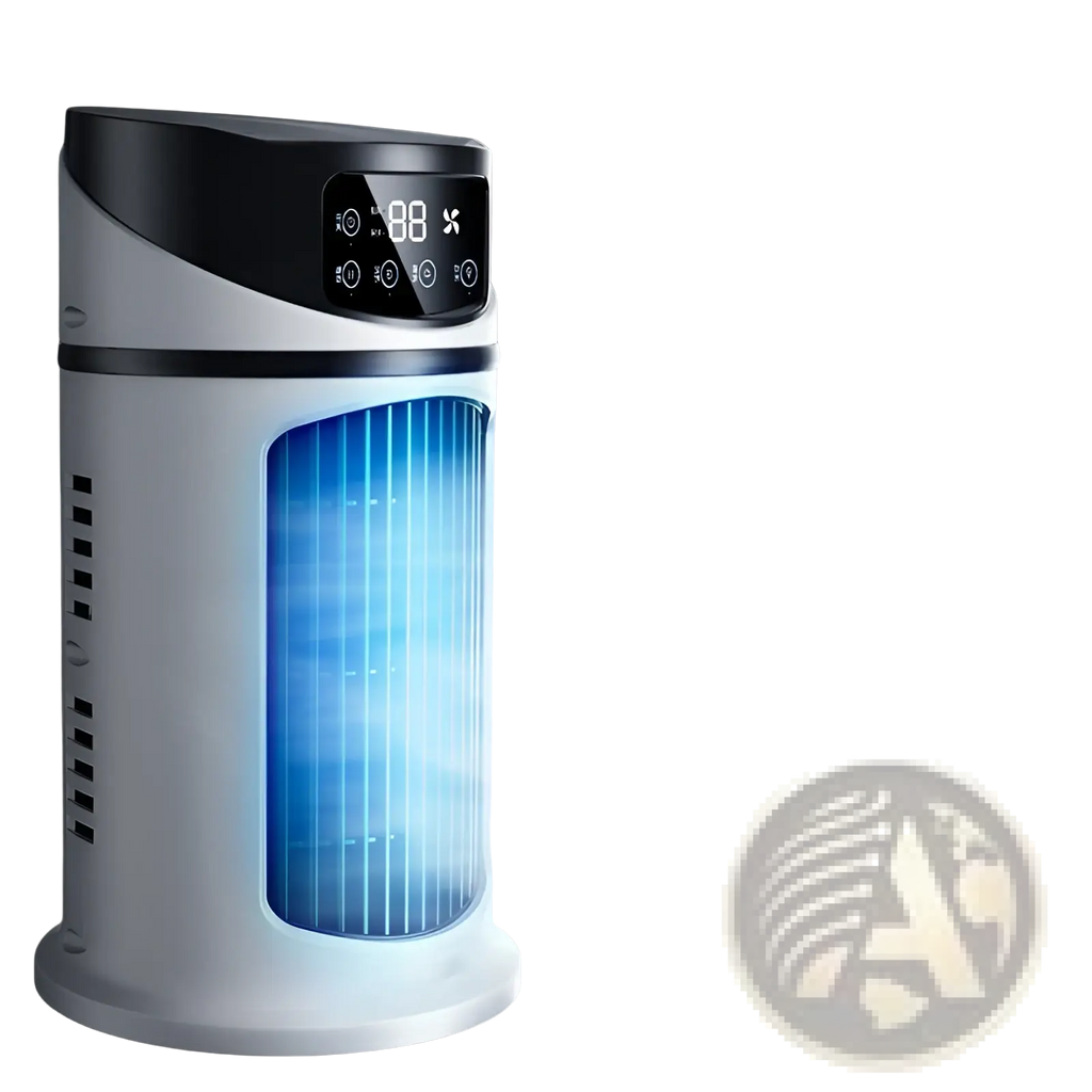 Portable USB air cooler fan in white and black tower style with digital humidity display and blue illuminated blades