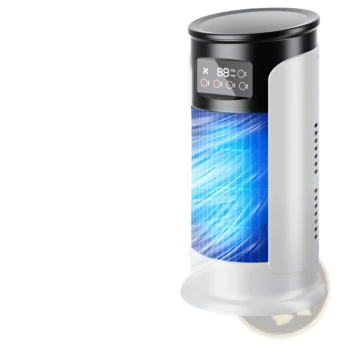 White and black tower-style portable USB air cooler fan with digital display showing temperature and settings