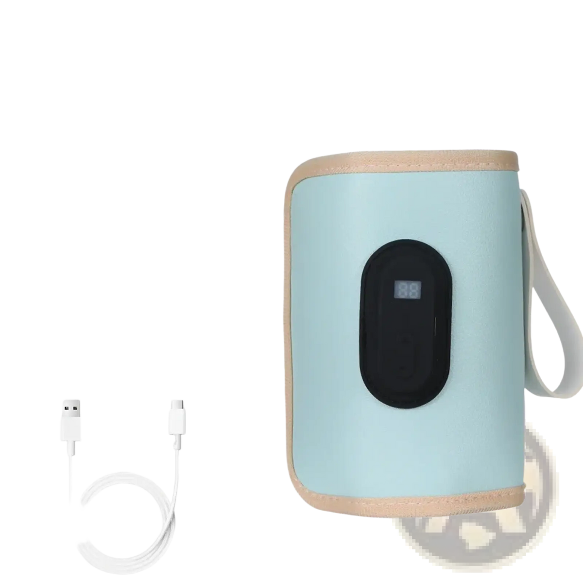 Light blue portable USB baby bottle warmer with beige trim and handle featuring a digital temperature-controlled display panel