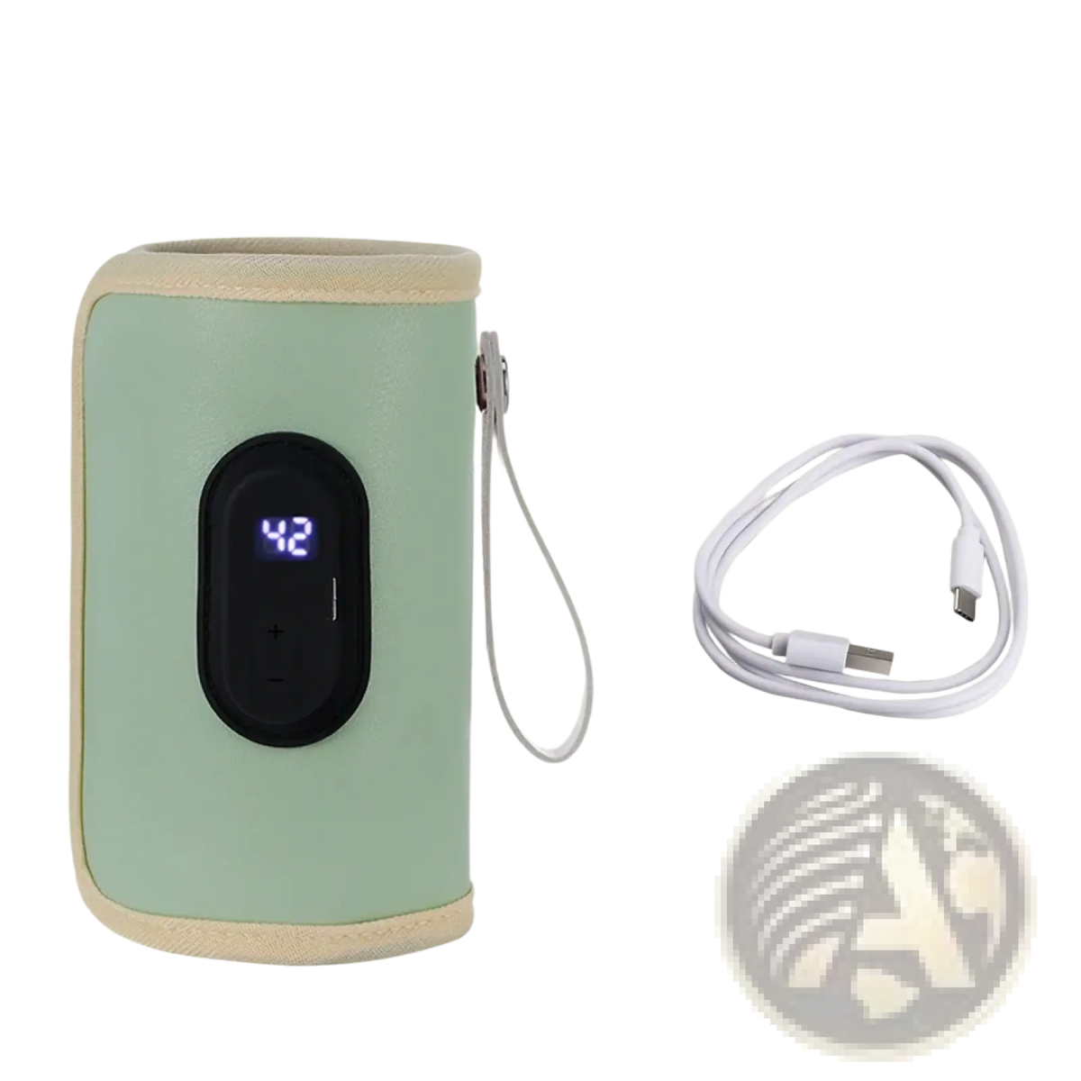 Portable usb baby bottle warmer in mint green with insulated design, black digital display, and beige fabric strap