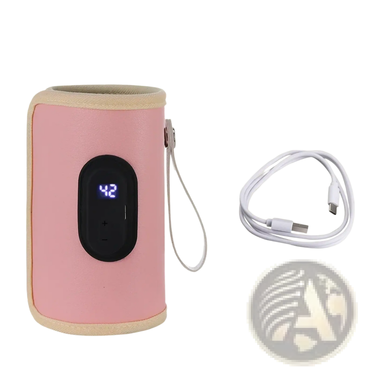 Portable usb baby bottle warmer with pink silicone wrap black digital display and white usb charging cable