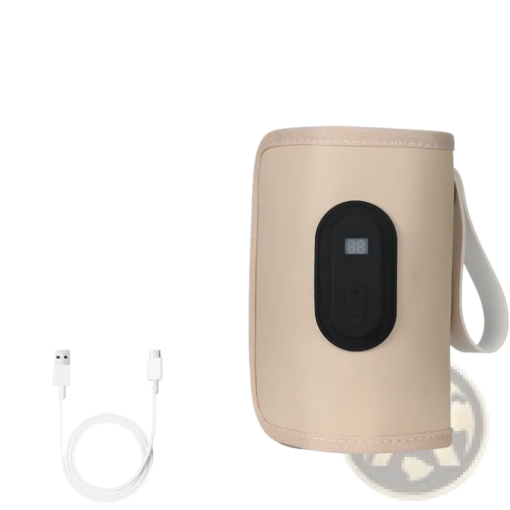 Beige fabric-wrapped portable usb baby bottle warmer with digital black oval control panel and usb charging cable
