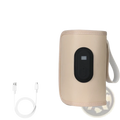 Beige fabric-wrapped portable usb baby bottle warmer with digital black oval control panel and usb charging cable