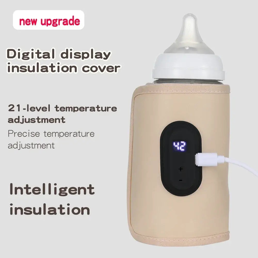 Beige digital display insulation cover for baby bottle with intelligent 21-level temperature control portable usb warmer