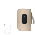 Beige fabric-wrapped portable usb baby bottle warmer with digital black oval control panel and usb charging cable