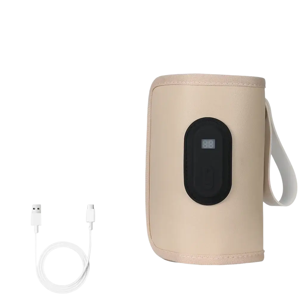 Beige fabric-wrapped portable usb baby bottle warmer with digital black oval control panel and usb charging cable