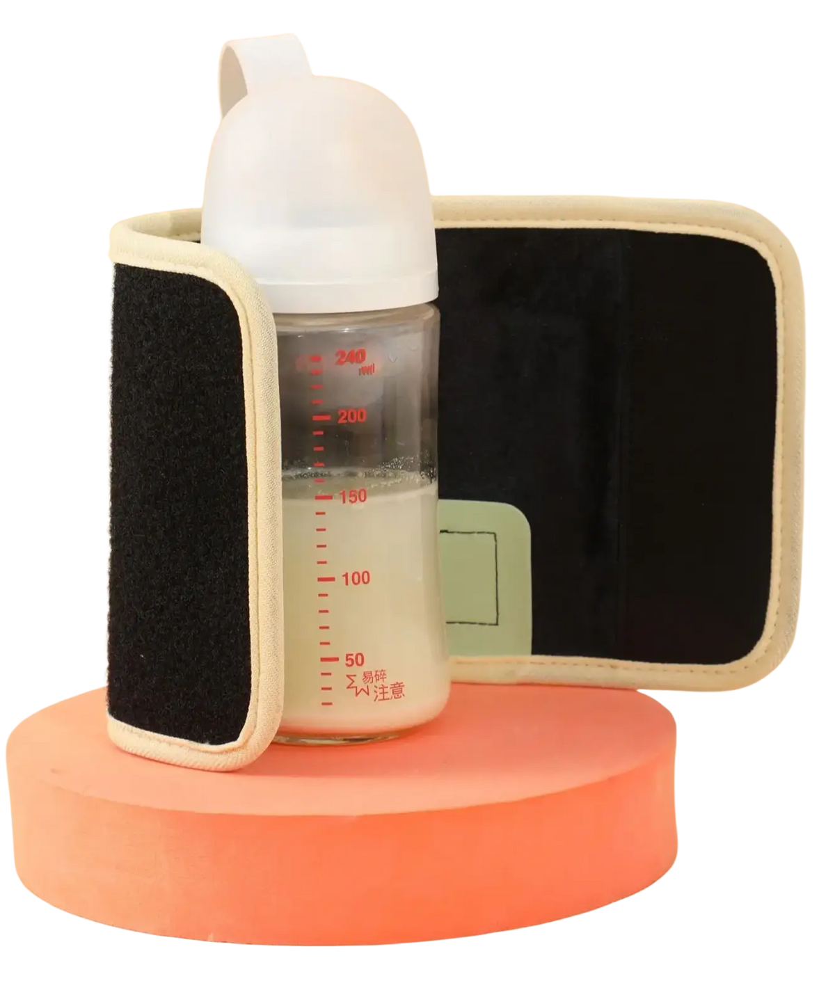 Portable usb baby bottle warmer with clear glass bottle white nipple handle in black and beige insulated sleeve
