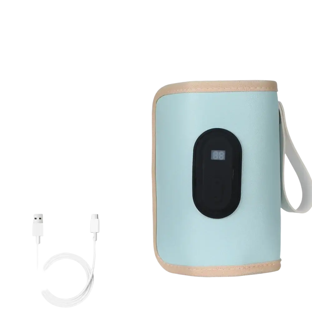 Light blue portable USB baby bottle warmer with beige trim and handle featuring a digital temperature-controlled display panel