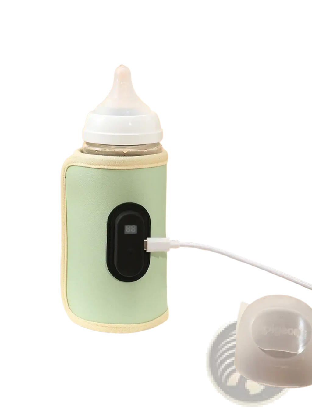A mint green and cream portable USB baby bottle warmer with a digital display wrapped around a baby bottle