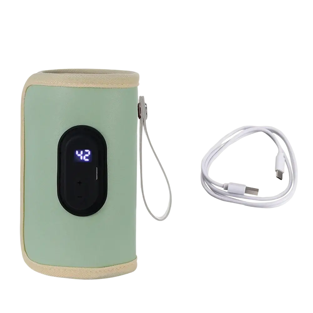 Portable usb baby bottle warmer in mint green with insulated design, black digital display, and beige fabric strap