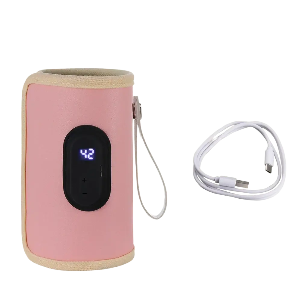 Portable usb baby bottle warmer with pink silicone wrap black digital display and white usb charging cable